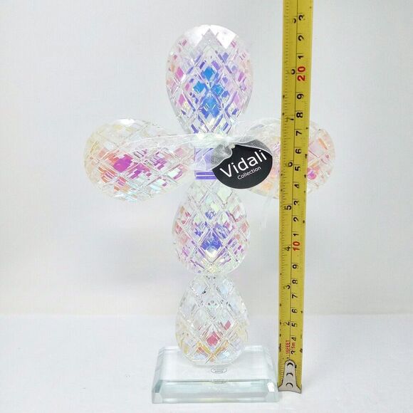 NWT Vidali Iridescent 8.75" Tall Crystal Cross Paperweight Wedding Baptism Decor - Picture 7 of 7
